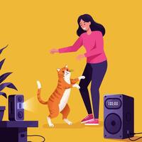 Woman Dancing with Cat While Listening to Music at Home vector