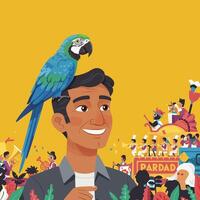 Man Smiling with Parrot on Head Attending a Vibrant Parade vector