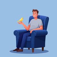 Man Relaxing with Yellow Bird on Hand Sitting in Armchair vector