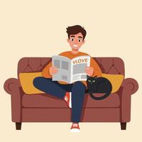 Man Reading Newspaper with Cat on Sofa Home Relaxation Lifestyle vector