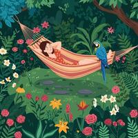 Woman Relaxing in Hammock with Parrot in Lush Garden Setting vector