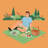 Man Enjoying Picnic with Turtle on Blanket in Nature Setting vector