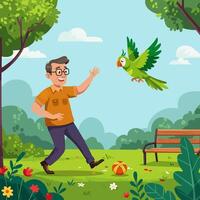Man Interacting with Green Parrot Flying in Open Park Scene vector