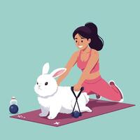 Woman Exercising with Rabbit Using Resistance Band on Yoga Mat vector