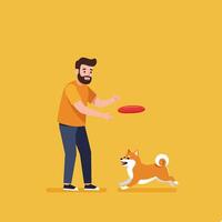 Man Throwing Flying Disc to Running Dog for Playful Outdoor Activity vector