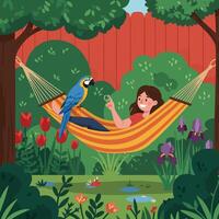 Woman Relaxing in Hammock with Parrot in a Whimsical Garden vector