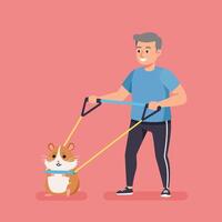 Man Walking Hamster Illustration with Harness Against Pink Background vector