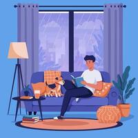 Man Reading Book with Dog During Rain Inside Living Room vector
