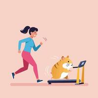 Woman Running and Hamster Using Treadmill for Exercise Concept vector