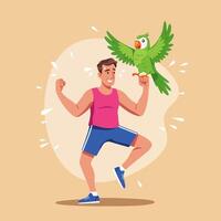 Man Dancing with Green Parrot Balancing on Finger with Excitement vector