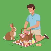 Man Preparing Picnic with Rabbit in Green Field Illustration vector