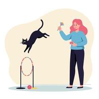 Cat Jumping Through Colorful Hoop While Woman Is Playing with It vector