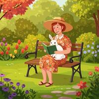Woman Reading Book with Rabbit on Bench in Colorful Garden vector