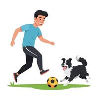 Man Playing Soccer with Dog on Grass Simple Illustration vector