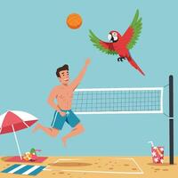 Man Playing Volleyball on Beach with Parrot Illustration vector
