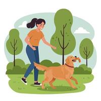 Woman and Dog Play Fetch in a Green Park Setting vector