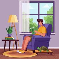 Man Reading in Cozy Living Room with Turtle vector