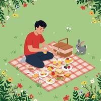 Enjoying Relaxing Picnic in a Garden Surrounded by Flowers and Rabbit vector