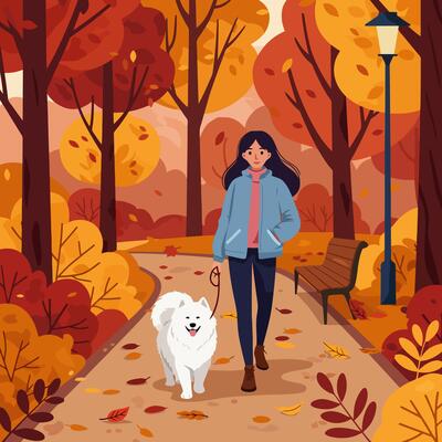 Woman Walking Dog Through Autumn Park with Colorful Trees and Leaves