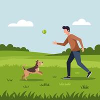 Man Playing Catch with Dog Using Ball on a Grassy Field vector