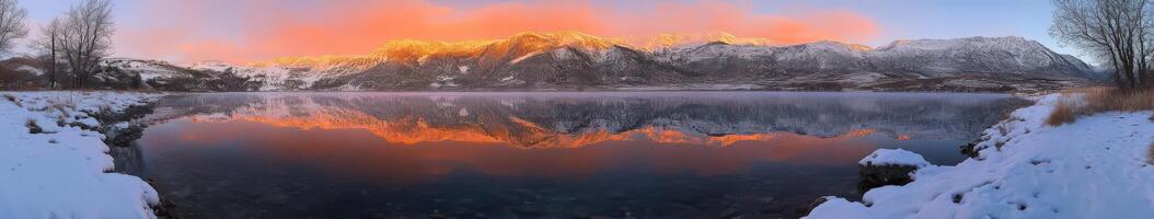 A lake surrounded by snow covered mountains at sunset photo