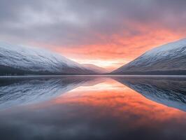 A red sky and snow covered mountains are reflected in a lake photo