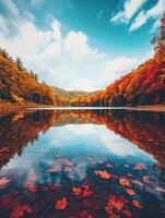 Autumn landscape with lake and autumn leaves photo