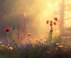 A field of wildflowers with sun rays shining through photo