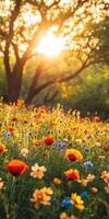 A field of flowers with the sun shining through photo