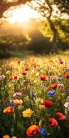 A field of wildflowers with the sun shining through photo