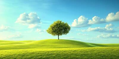Daylit hill with lone tree photo