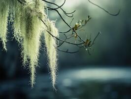 Moss hanging from branches in mist photo