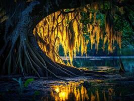 Moss-covered tree at sunset glow photo