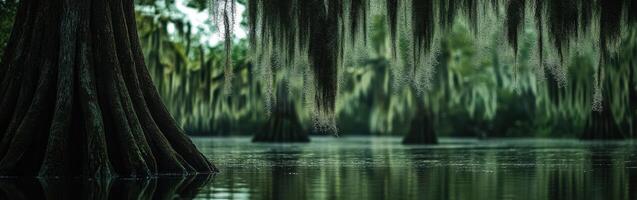 Lush moss drapes over ancient trees photo