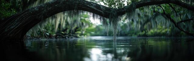 Moss-covered tree over calm water photo