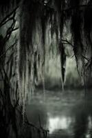 Moss hanging over still water photo
