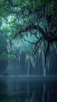 Mossy trees by serene water body photo