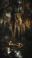 Moss draping over water at sunset photo