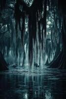 Mossy trees in a tranquil swamp photo