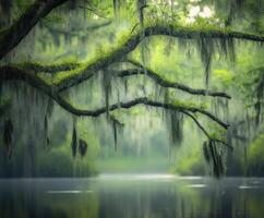 Mossy branches by water photo