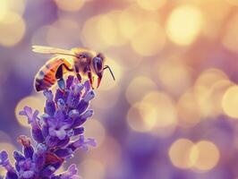 A bee is on a lavender flower with a bokeh background photo