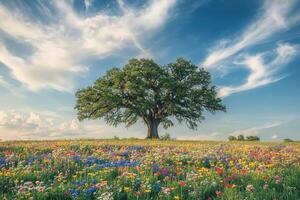 Vivid wildflowers under blue sky photo