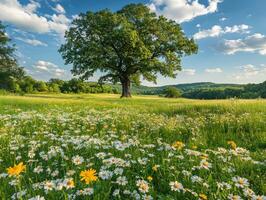 Wildflower field with trees photo