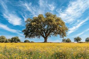 Majestic tree in a vibrant meadow photo