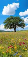 A tree in a field of wildflowers photo