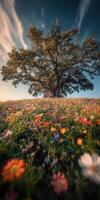 Blooming meadow under a large tree photo