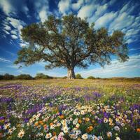 Oak tree in wildflowers photo