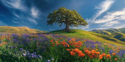 Wildflowers on green hills photo