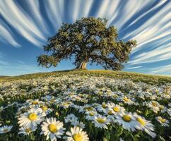 Majestic tree surrounded by daisies photo