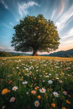 Large tree in vibrant flower field photo